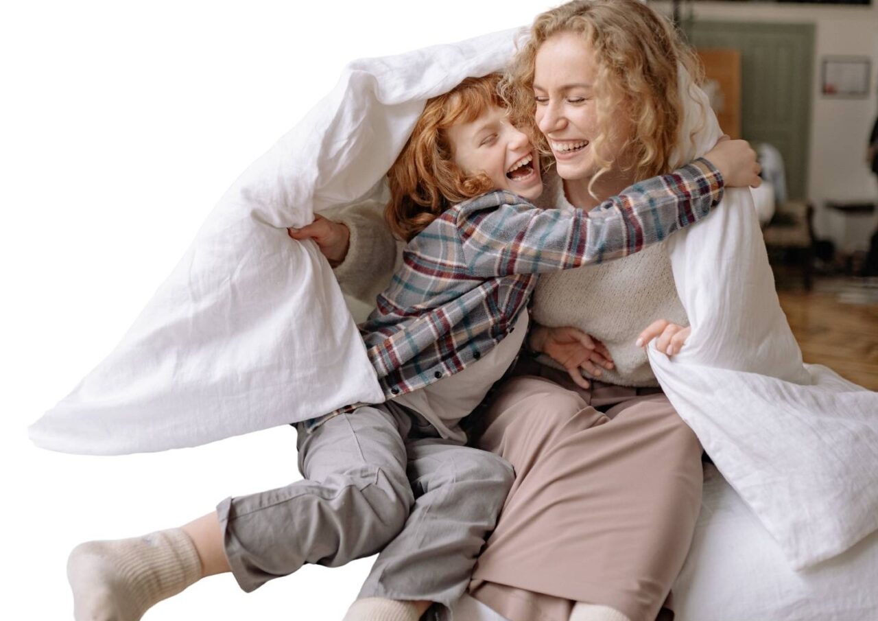 A family sharing a hug at home